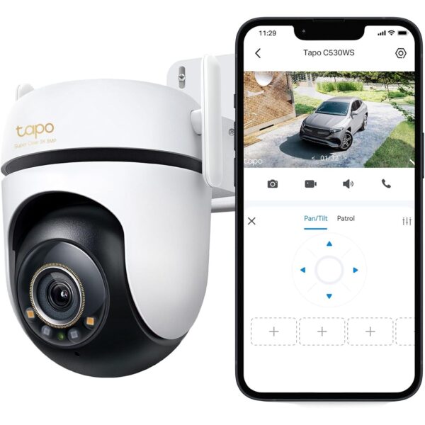 TP-Link Tapo C530WS Schwenk-Neige-Aussenkamera in Weiss mit zwei Antennen und Scheinwerfern