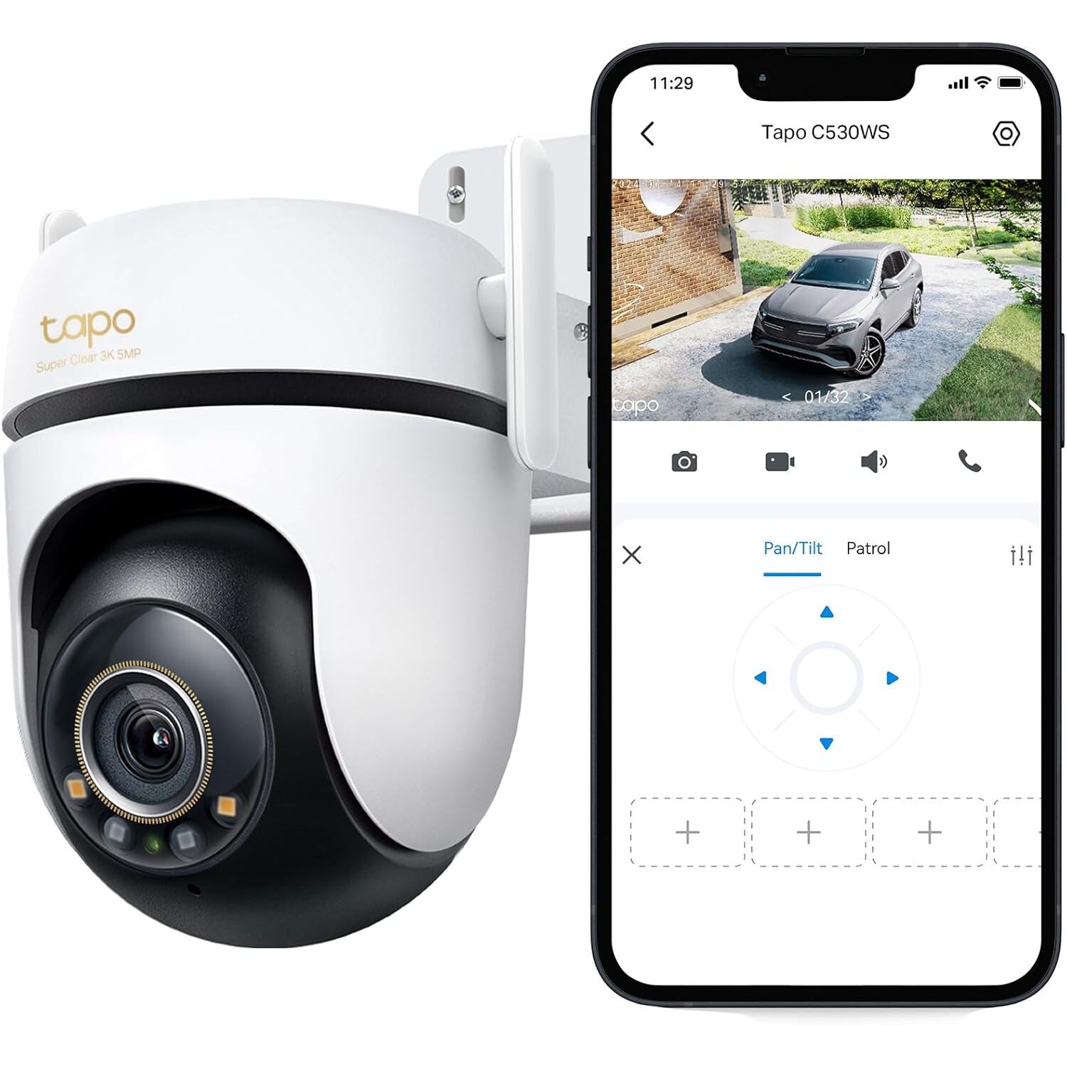 TP-Link Tapo C530WS Aussenkamera 360 Grad, 3K 5 MP, Farb-Nachtsicht, KI-Erkennung, WLAN oder LAN – Ansicht 1 TP-Link Tapo C530WS Schwenk-Neige-Aussenkamera in Weiss mit zwei Antennen und Scheinwerfern