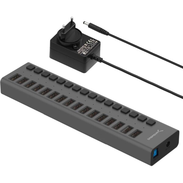 SABRENT HB-PU16 USB-Hub mit 16 Anschlüssen, Einzelschaltern und Aluminiumgehäuse