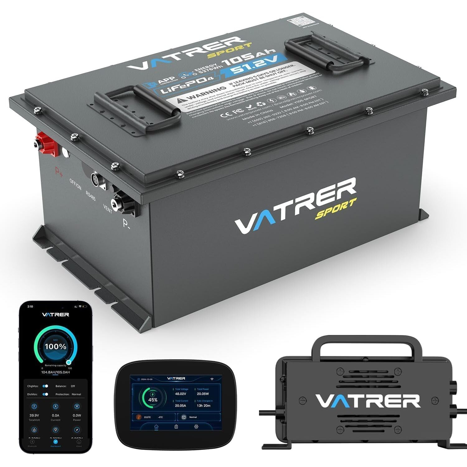 VATRER POWER 48V 105Ah LiFePO4-Akku – 5040 Wh, 300-A-BMS, Bluetooth und RS485 – Ansicht 1 VATRER POWER 48V 105Ah LiFePO4-Akku im Metallgehäuse