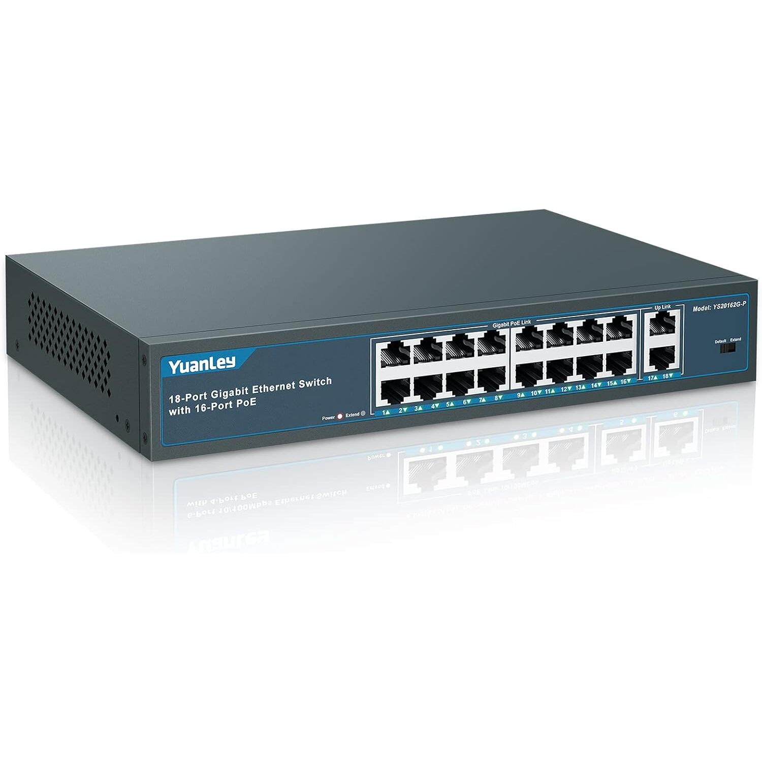 YuanLey 18-Port PoE-Switch Gigabit | 250 W Budget, VLAN-Trennung, Metall, Rack oder Tisch – Ansicht 1 YuanLey 18-Port Gigabit-PoE-Switch mit 250 W Budget und VLAN-Trennung im Metallgehäuse