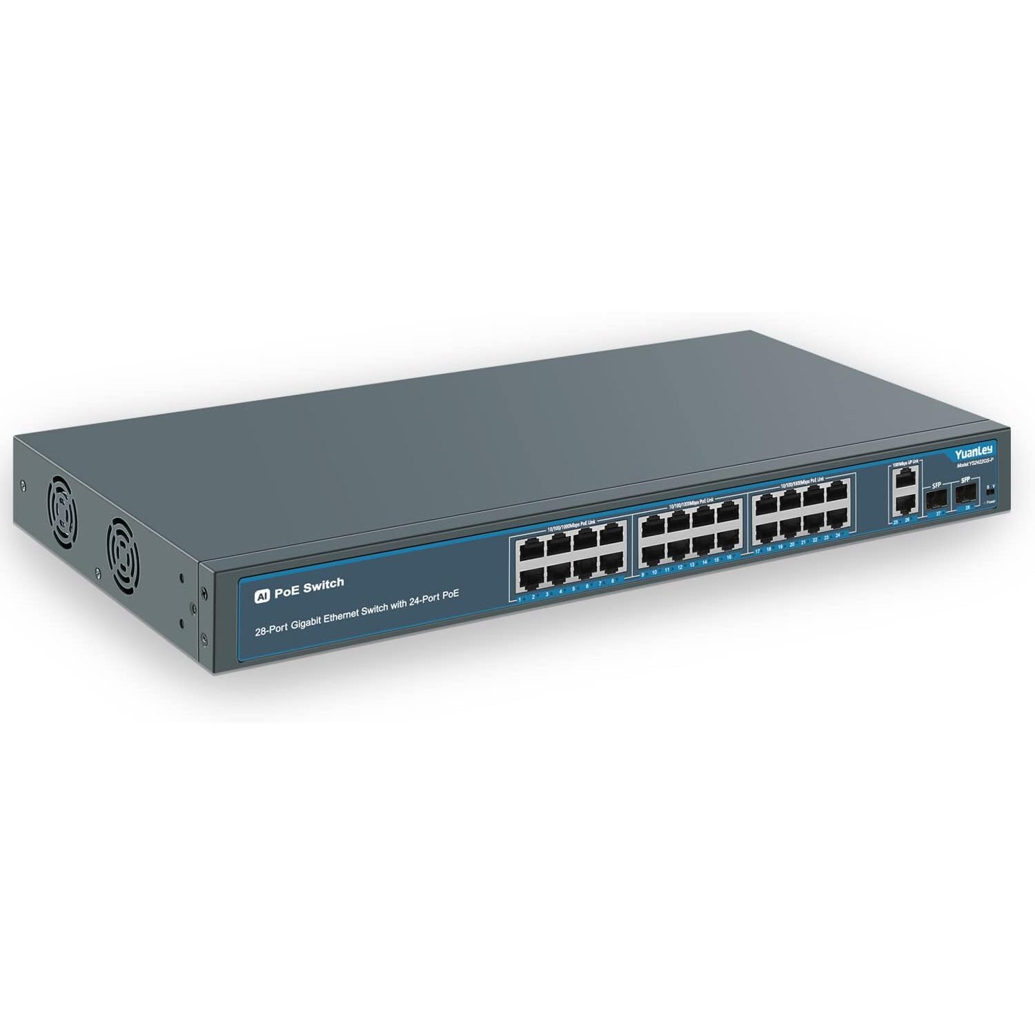 YuanLey 28-Port PoE-Switch Gigabit | 400 W Budget, 2 SFP, 4-kV-Blitzschutz, 19-Zoll-Rack – Ansicht 1 YuanLey 28-Port Gigabit-PoE-Switch mit 400 W Budget, zwei SFP-Steckplätzen und Blitzschutz