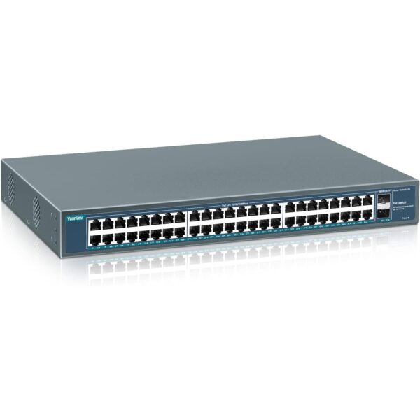 YuanLey 48-Port Gigabit-PoE-Switch mit 800 W Budget und zwei SFP-Uplinks im 19-Zoll-Metallgehäuse