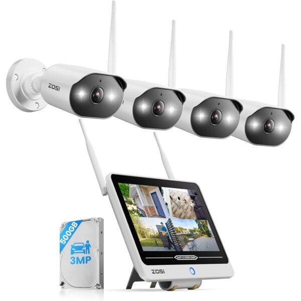 ZOSI WLAN-Überwachungsset mit vier Kameras und Rekorder mit eingebautem 12-Zoll-Bildschirm