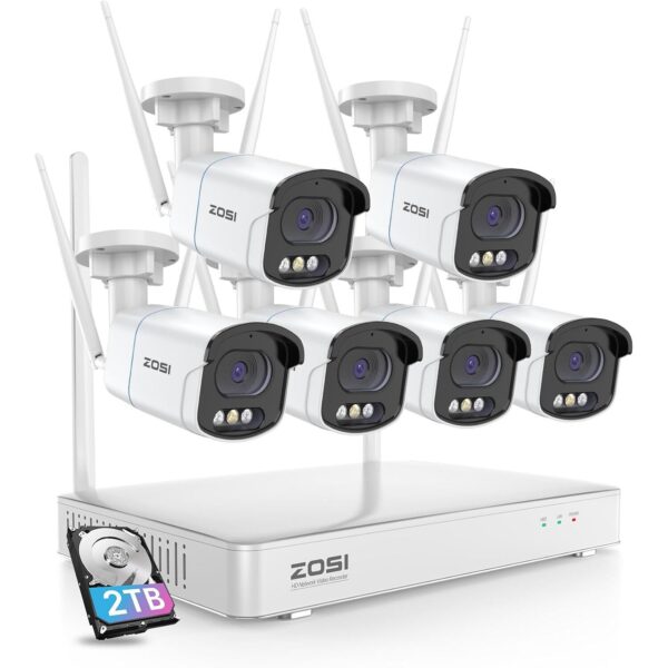 ZOSI 4MP WLAN-Überwachungsset mit sechs Kameras, Farbnachtsicht und 8-Kanal-Rekorder mit 2 TB