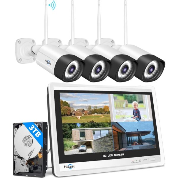 Hiseeu WLAN-Überwachungsset mit vier 5-MP-Kameras und Rekorder mit 12-Zoll-Bildschirm