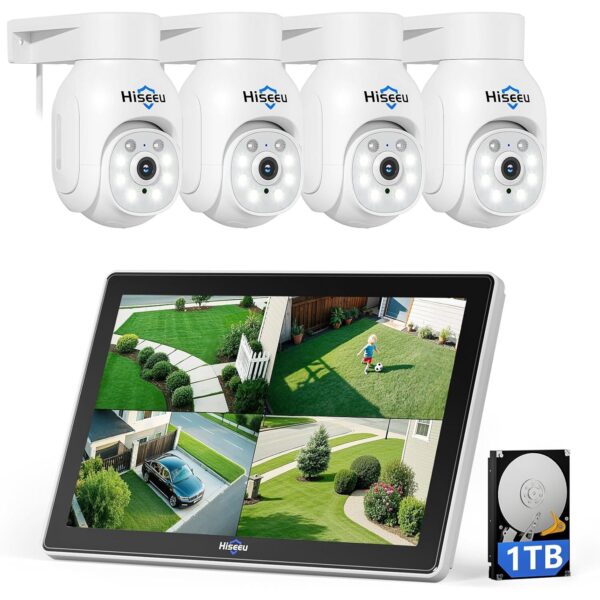 Hiseeu WLAN-Überwachungsset mit vier schwenkbaren 5-MP-PTZ-Kameras und 10-Zoll-Monitor