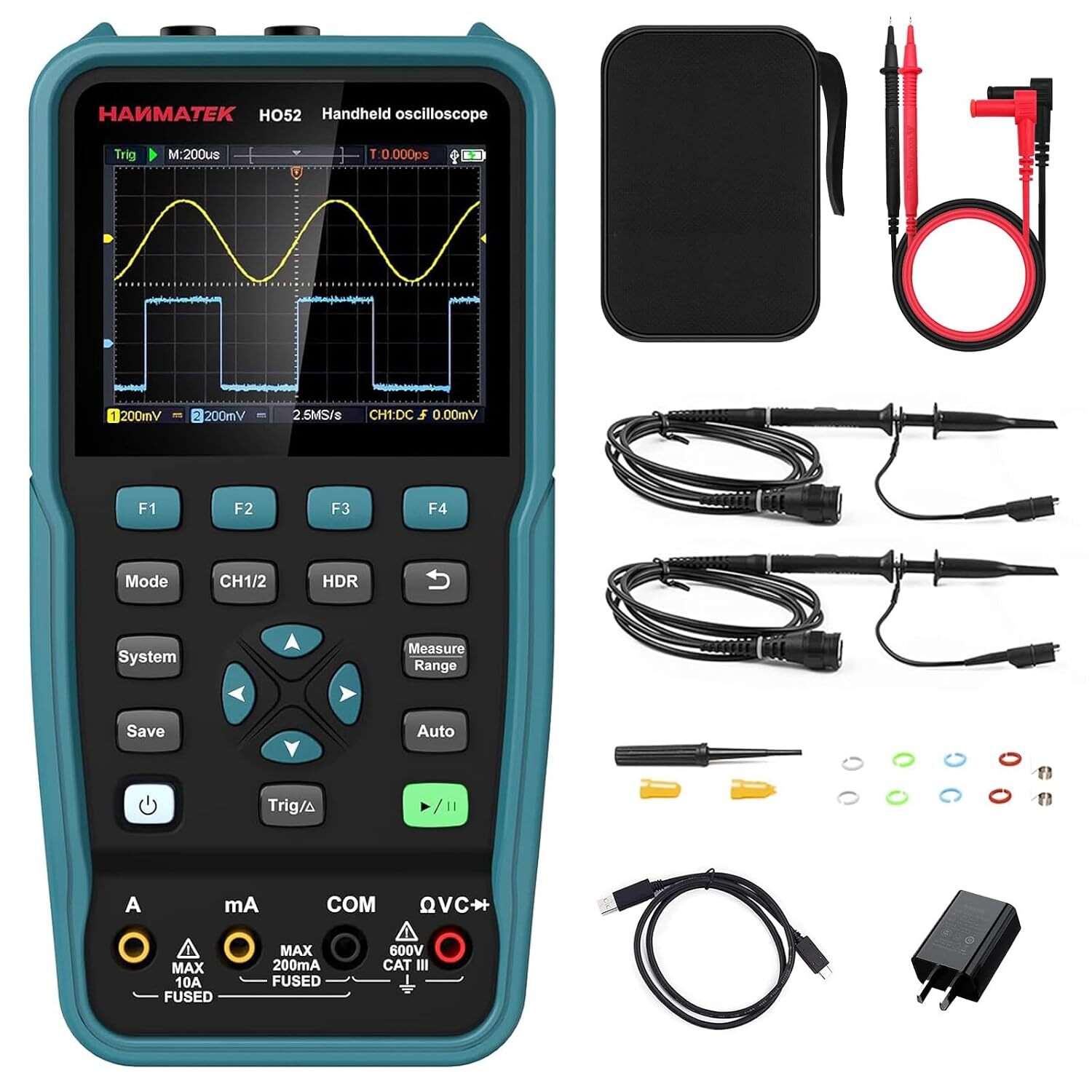 HANMATEK HO52 Handoszilloskop 50 MHz, 2 Kanal | mit Multimeter, 3,5-Zoll-Display, USB-C – Ansicht 1 HANMATEK HO52 Handoszilloskop mit 50 MHz, zwei Kanälen und 3,5-Zoll-Display