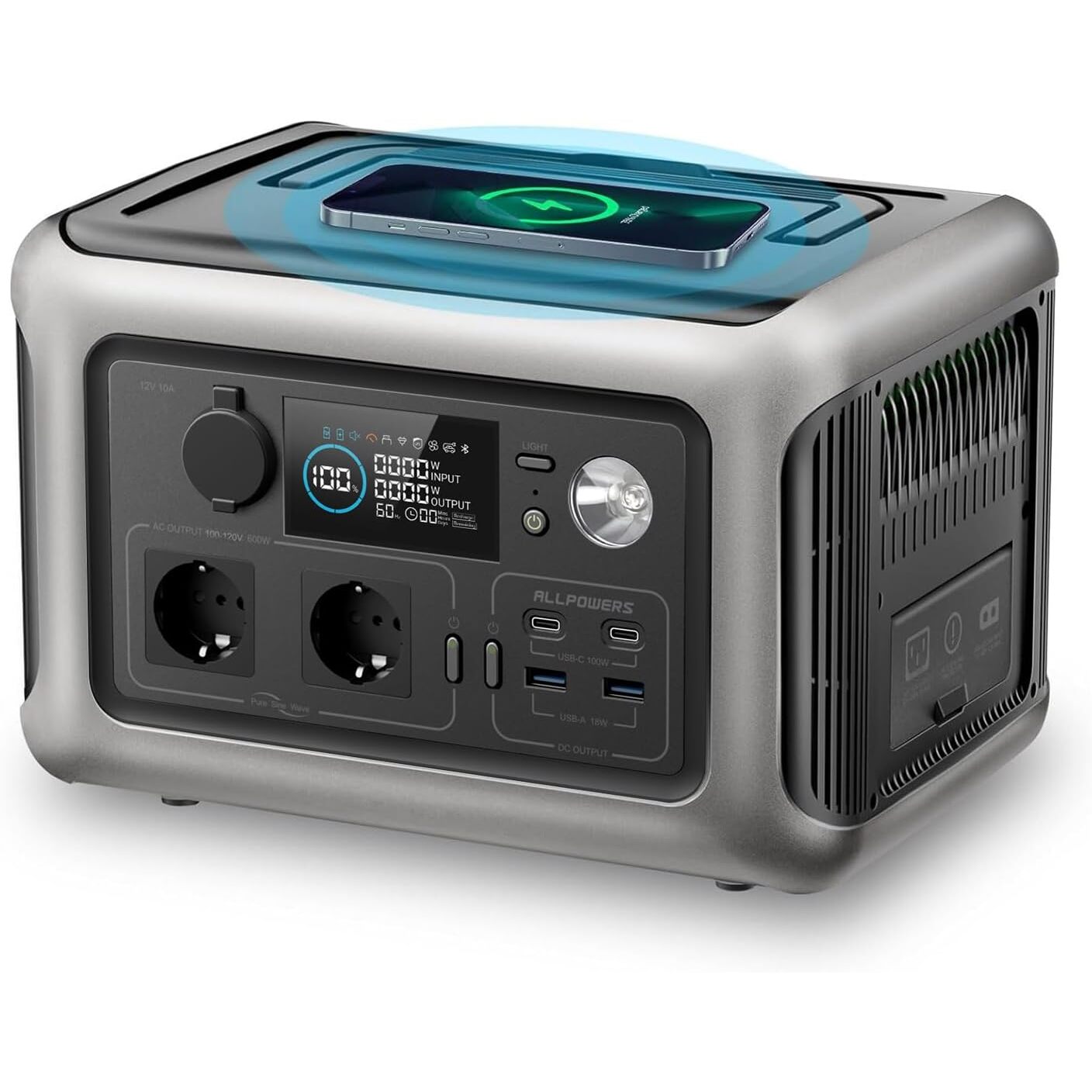 ALLPOWERS R600 Powerstation 299 Wh LiFePO4 | 600 W Dauerleistung, USV-Funktion, 8 Anschlüsse – Ansicht 1 ALLPOWERS R600 Powerstation mit 299 Wh LiFePO4-Akku, zwei Steckdosen und USV-Funktion