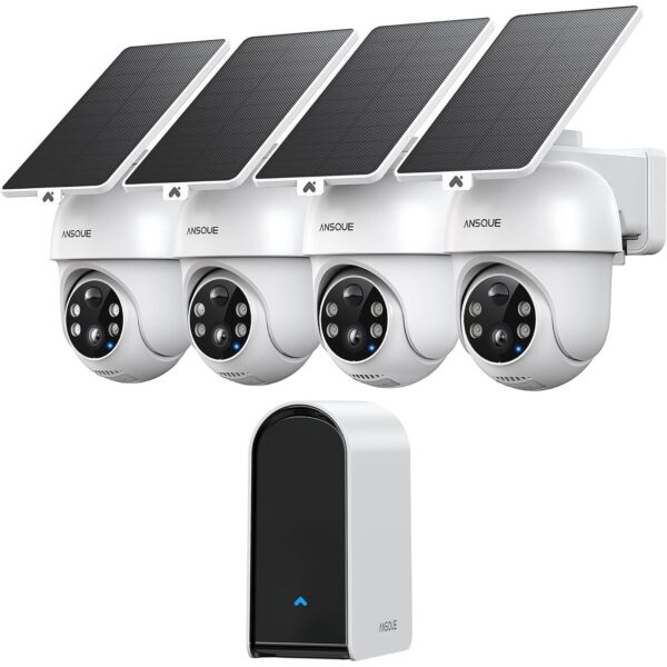 ANSQUE Solar-Akkukamera-Set mit vier schwenkbaren 2K-Kameras und Basisstation