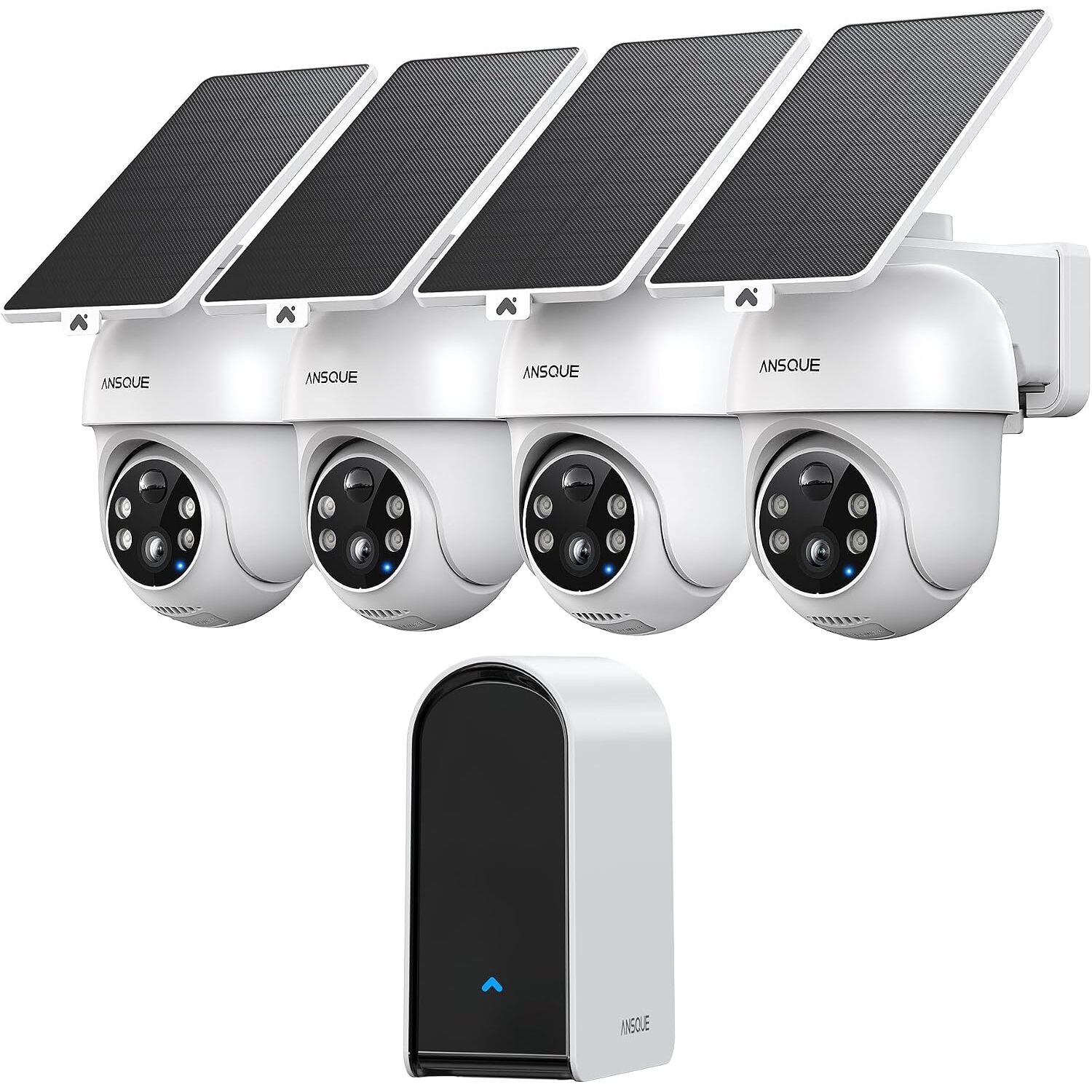 ANSQUE Solar-Akkukamera 4er-Set mit Basisstation | 2K, 360° PTZ mit Verfolgung, 32 GB lokal, ohne Abo – Ansicht 1 ANSQUE Solar-Akkukamera-Set mit vier schwenkbaren 2K-Kameras und Basisstation