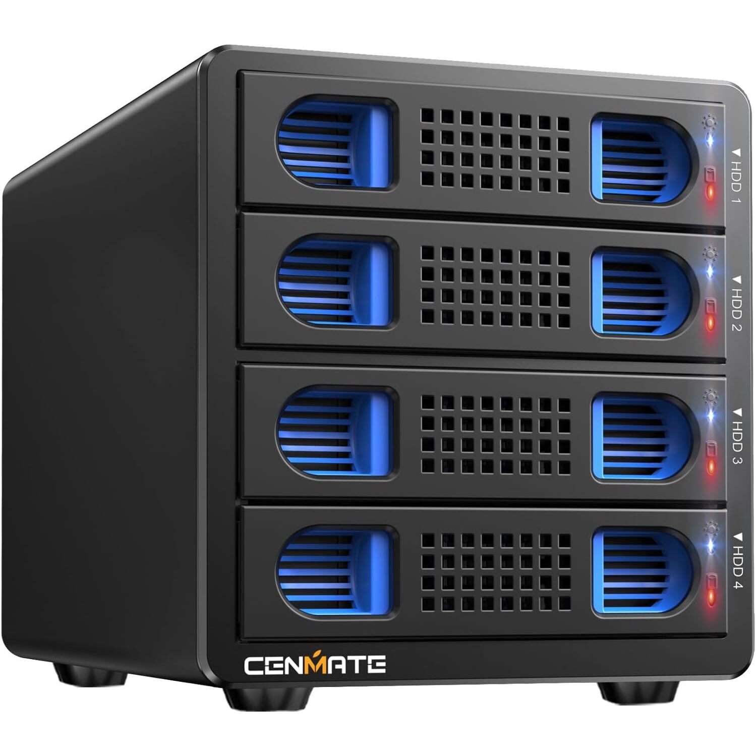 cenmate 4-Schacht Festplattengehäuse | 2,5 und 3,5 Zoll SATA, USB 3.0, Hot-Swap, bis 80 TB – Ansicht 1 cenmate Festplattengehäuse mit vier Schächten in Aluminium mit Lüfter