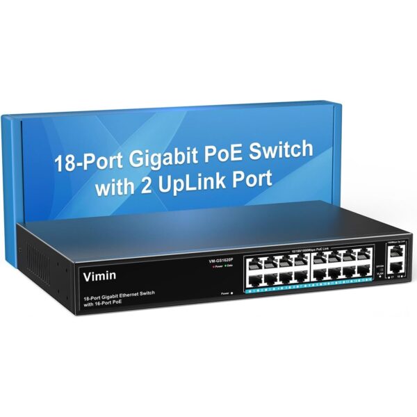 VIMIN 16-Port PoE-Switch mit 250 W Budget im Metallgehäuse