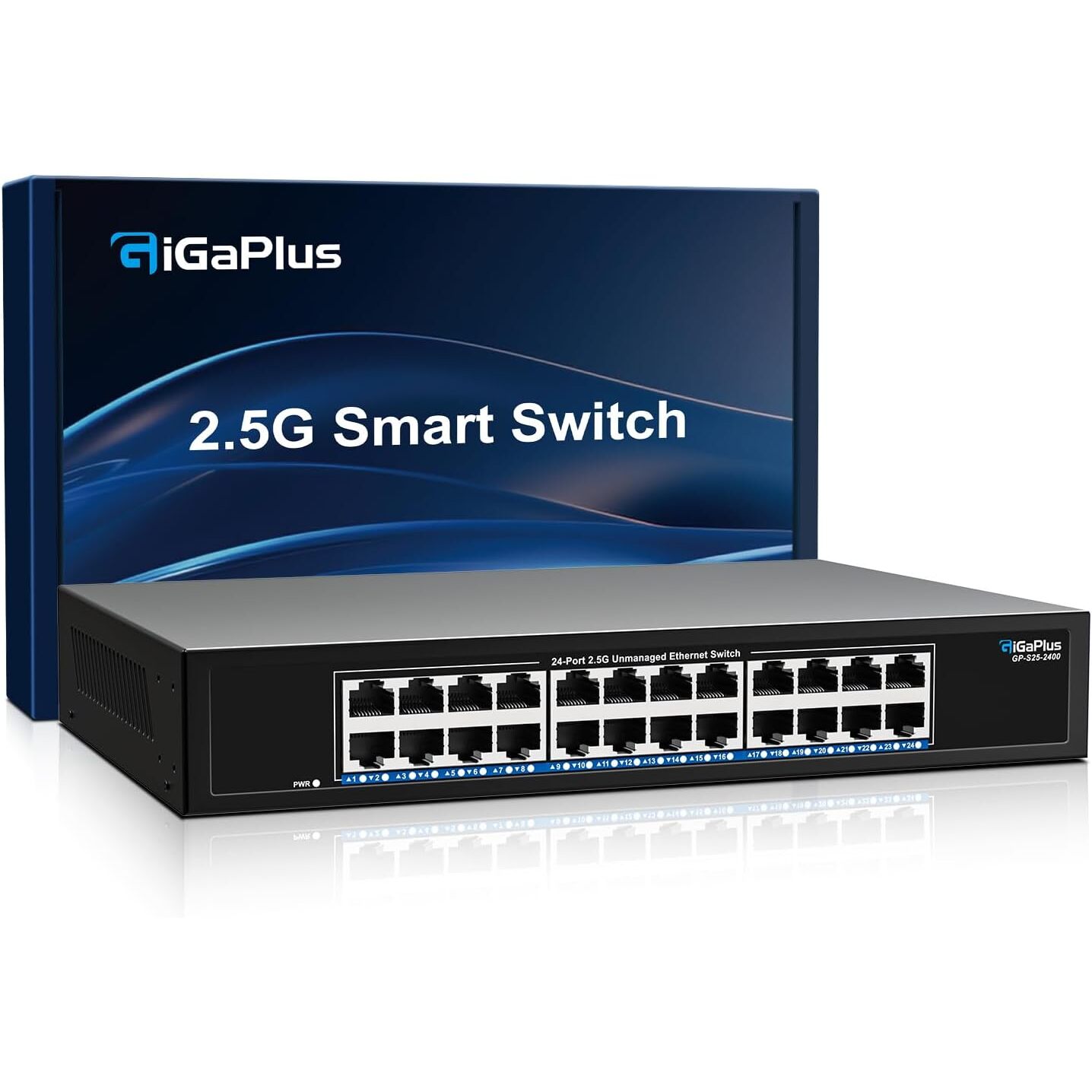 GigaPlus 24-Port 2,5G-Switch | 24 × 2,5 Gbit/s, lüfterlos, 19-Zoll-Rack – Ansicht 1 GigaPlus 24-Port 2,5-Gigabit-Switch lüfterlos im Metallgehäuse