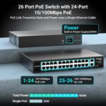 Schwarzer 19-Zoll-PoE-Switch NICGIGA FS2420GP mit 24 PoE-Ports und zwei Uplink-Ports an der Frontseite.