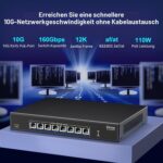 Schwarzer VIMIN 10-Gigabit-PoE-Switch mit acht RJ45-Ports im Metallgehäuse, Frontansicht.