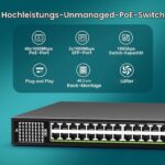 Schwarzer 19-Zoll-PoE-Switch VIMIN VM-GS4802P mit 48 Gigabit-Ports und zwei SFP-Uplinks an der Frontseite.