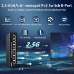 Schwarzer YuanLey 2,5-Gigabit-PoE-Switch mit acht PoE-Ports und zwei 10-Gigabit-Uplinks im lüfterlosen Metallgehäuse.