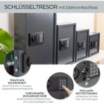 Anthrazitfarbener HMF Schlüsseltresor 2133-11 mit Zahlentastatur und nummerierten Schlüsselhaken im Inneren.