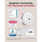 Weisser Rauchmelder X-Sense XS01-M neben der flachen quadratischen Basisstation SBS50 des Sets FS61.