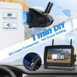 Kabellose Rückfahrkamera URVOLAX UR65X mit magnetischer Basis neben dem 7-Zoll-Monitor mit Sonnenschirm.
