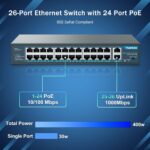 YuanLey 26 Port PoE-Switch im Metallgehäuse mit 24 PoE-Ports und zwei Gigabit-Uplinks auf der Frontseite.