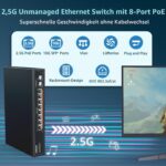 YuanLey 10 Port 2.5G PoE-Switch im schwarzen Metallgehäuse mit acht RJ45-PoE-Ports und zwei SFP+-Plätzen.