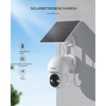 Hiseeu Solar-Kameraset: vier weisse Schwenkkameras mit aufgesetztem Solarpanel und der Funk-Rekorder mit Festplatte.