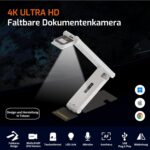 INSWAN INS-Flip 4 faltbare Dokumentenkamera mit Gelenkarm, LED-Licht und flacher Metallbasis.