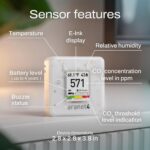 Aranet4 Home CO2-Messgerät mit E-Tinten-Display, das CO2-Wert, Temperatur und Luftfeuchtigkeit anzeigt.