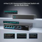 GiGaPlus S25-0402T Netzwerk-Switch im schwarzen Metallgehäuse mit vier 2.5G-Ports und zwei 10G-RJ45-Uplinks.