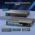 GiGaPlus S25-1602 Netzwerk-Switch im schwarzen Metallgehäuse mit sechzehn 2.5G-RJ45-Ports und zwei 10G-SFP+-Steckplätzen.
