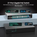 NICGIGA NIC-GS2421P PoE-Switch im schwarzen Metallgehäuse mit 24 PoE-Ports, zwei Uplink-Ports und SFP-Steckplatz.