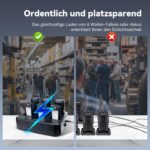 Sechs schwarze Retevis RT27 Handfunkgeräte mit Gürtelclips neben dem Sechs-Wege-Ladegerät.