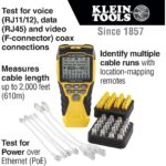 Klein Tools VDV Scout Pro 3 Prüfgerät mit Test- und Map-Remote, Locator-Remotes und Tragetasche.