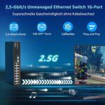 YuanLey YS25-1602 Netzwerk-Switch mit 16 RJ45-Anschlüssen für 2,5 Gbit/s und zwei SFP-Steckplätzen im schwarzen Metallgehäuse