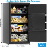 Schwarzer Tiskgg Standtresor mit 85 Liter, beleuchtete Tastatur des Zahlenschlosses und Drehknauf, geöffnete Tür mit herausnehmbarem Regal