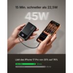 INIU P51L Powerbank 20000 mAh in Schwarz mit integriertem USB-C-Kabel und Prozentanzeige