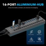 SABRENT HB-PU16 USB-Hub mit 16 Anschlüssen, Einzelschaltern und Aluminiumgehäuse