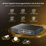 MokerLink 16-Port PoE-Switch mit 250 W Budget und zwei Gigabit-Uplinks im Metallgehäuse