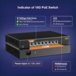 Schwarzer VIMIN 10-Gigabit-PoE-Switch mit acht RJ45-Ports im Metallgehäuse, Frontansicht.