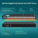 Schwarzer 19-Zoll-PoE-Switch VIMIN VM-GS4802P mit 48 Gigabit-Ports und zwei SFP-Uplinks an der Frontseite.