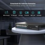 GiGaPlus S25-1600 Netzwerk-Switch im schwarzen Metallgehäuse mit 16 RJ45-Anschlüssen in einer Reihe an der Frontseite.