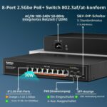 YuanLey 10 Port 2.5G PoE-Switch im schwarzen Metallgehäuse mit acht RJ45-PoE-Ports und zwei SFP+-Plätzen.