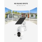 Hiseeu Solar-Kameraset: vier weisse Schwenkkameras mit aufgesetztem Solarpanel und der Funk-Rekorder mit Festplatte.