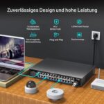 NICGIGA NIC-GS2421P PoE-Switch im schwarzen Metallgehäuse mit 24 PoE-Ports, zwei Uplink-Ports und SFP-Steckplatz.
