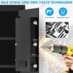 Schwarzer Tiskgg Standtresor mit 85 Liter, beleuchtete Tastatur des Zahlenschlosses und Drehknauf, geöffnete Tür mit herausnehmbarem Regal