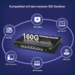 Schwarzer VIMIN 10-Gigabit-PoE-Switch mit acht RJ45-Ports im Metallgehäuse, Frontansicht.