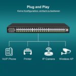 Schwarzer 19-Zoll-PoE-Switch VIMIN VM-GS4802P mit 48 Gigabit-Ports und zwei SFP-Uplinks an der Frontseite.