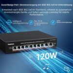 Schwarzer YuanLey 2,5-Gigabit-PoE-Switch mit acht PoE-Ports und zwei 10-Gigabit-Uplinks im lüfterlosen Metallgehäuse.